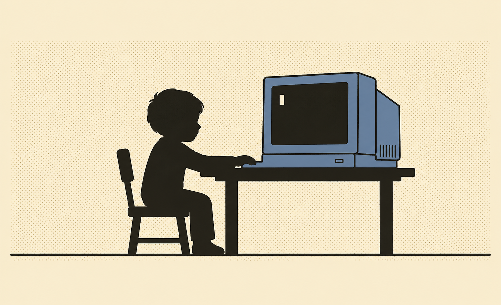 A child at a hand-me-down computer, one cursor blinking in the dark.